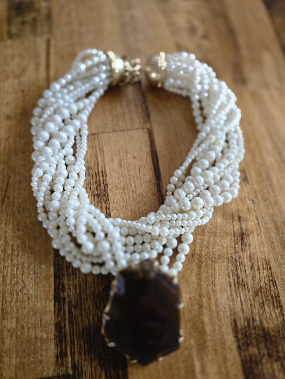 Multi-Strand White Pearl Necklace with Statement Pendant